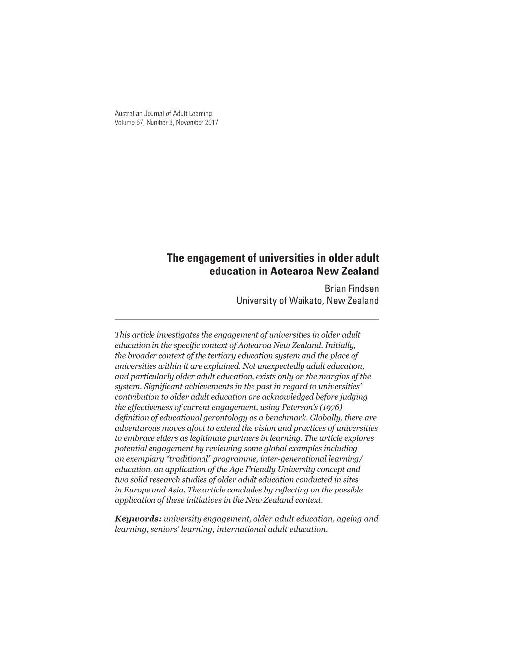 The Engagement of Universities in Older Adult Education in Aotearoa New Zealand Brian Findsen University of Waikato, New Zealand