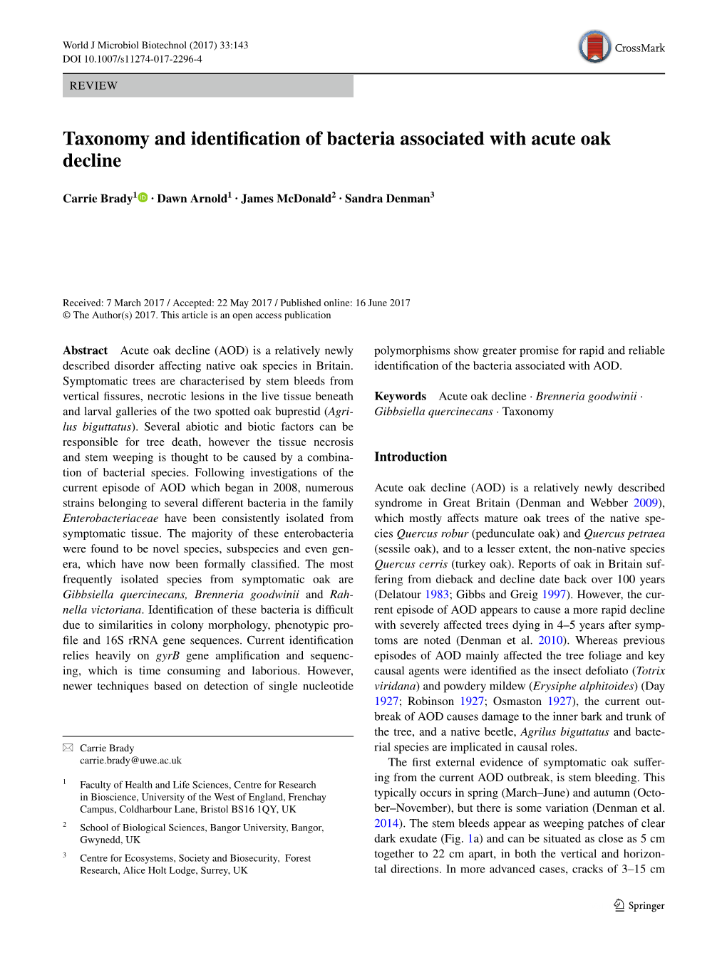 Taxonomy and Identification of Bacteria Associated with Acute Oak Decline