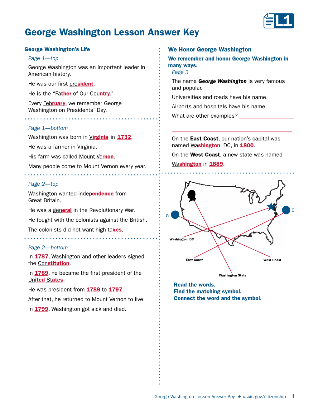 George Washington Lesson Answer Key