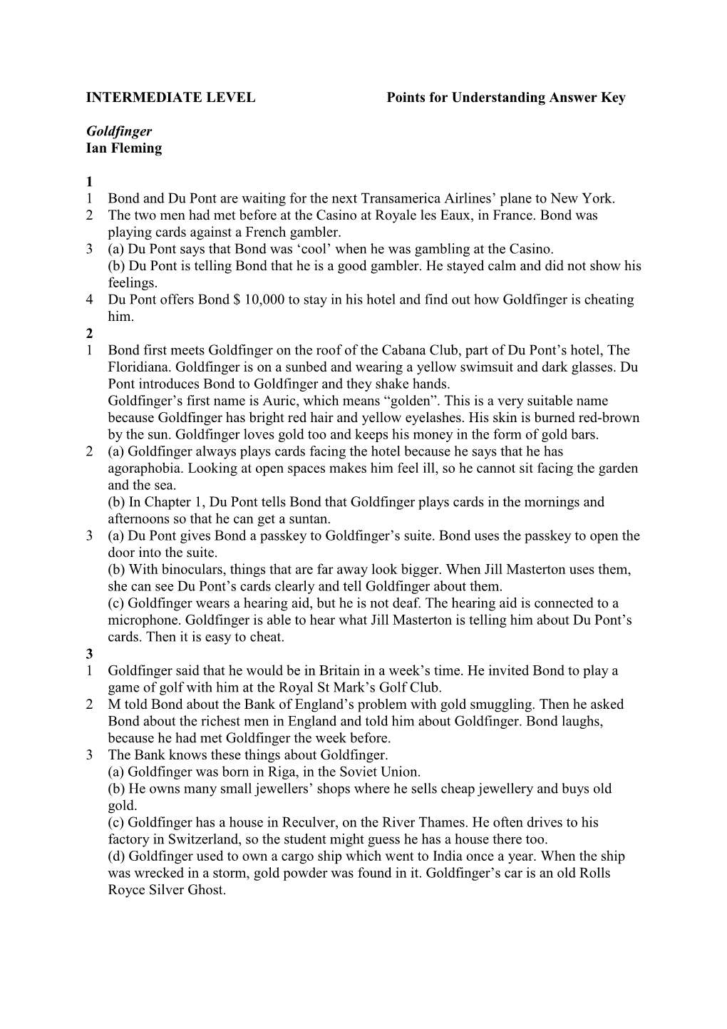 INTERMEDIATE LEVEL Points for Understanding Answer Key Goldfinger Ian Fleming 1 1 Bond and Du Pont Are Waiting for the Next Tran