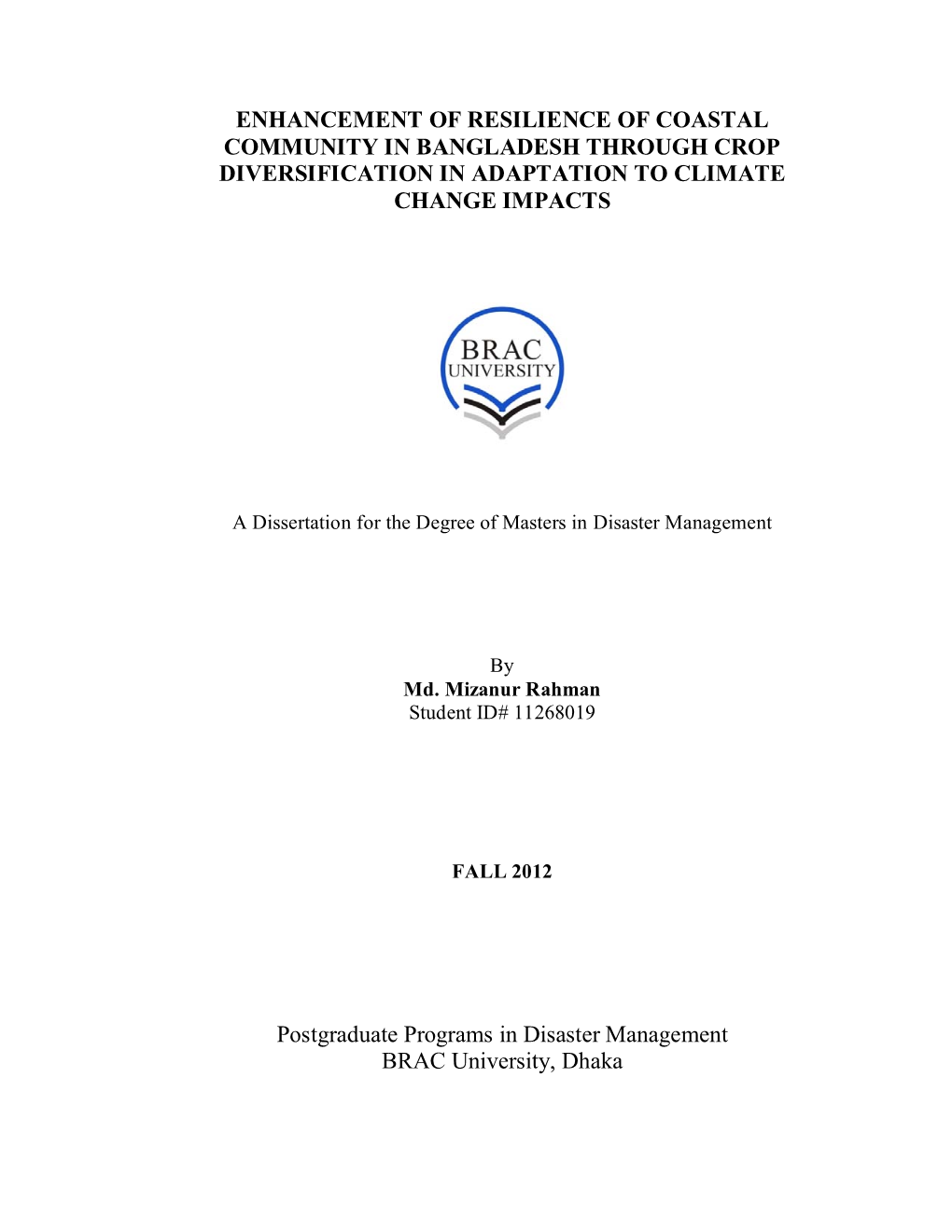 Enhancement of Resilience of Coastal Community in Bangladesh Through Crop Diversification in Adaptation to Climate Change Impacts