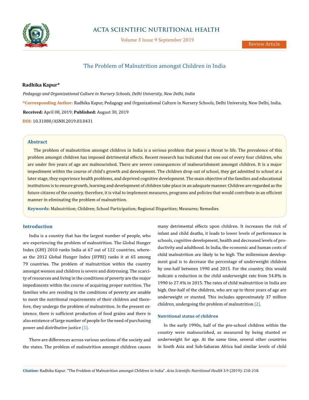 The Problem of Malnutrition Amongst Children in India