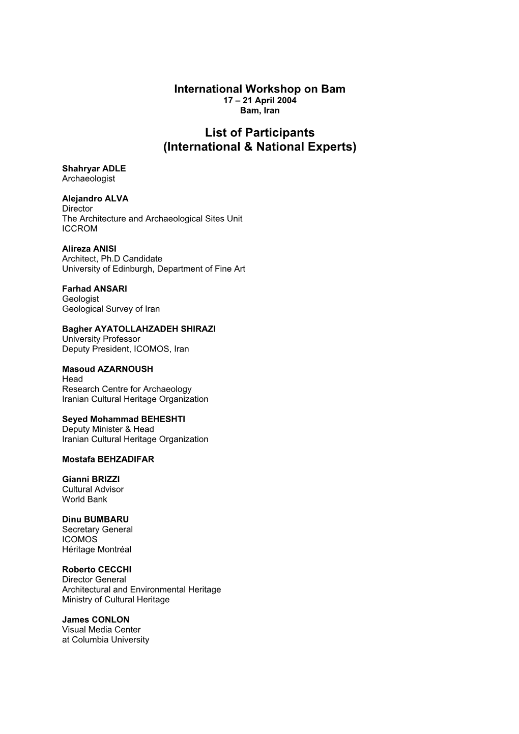 List of Participants (International & National Experts)