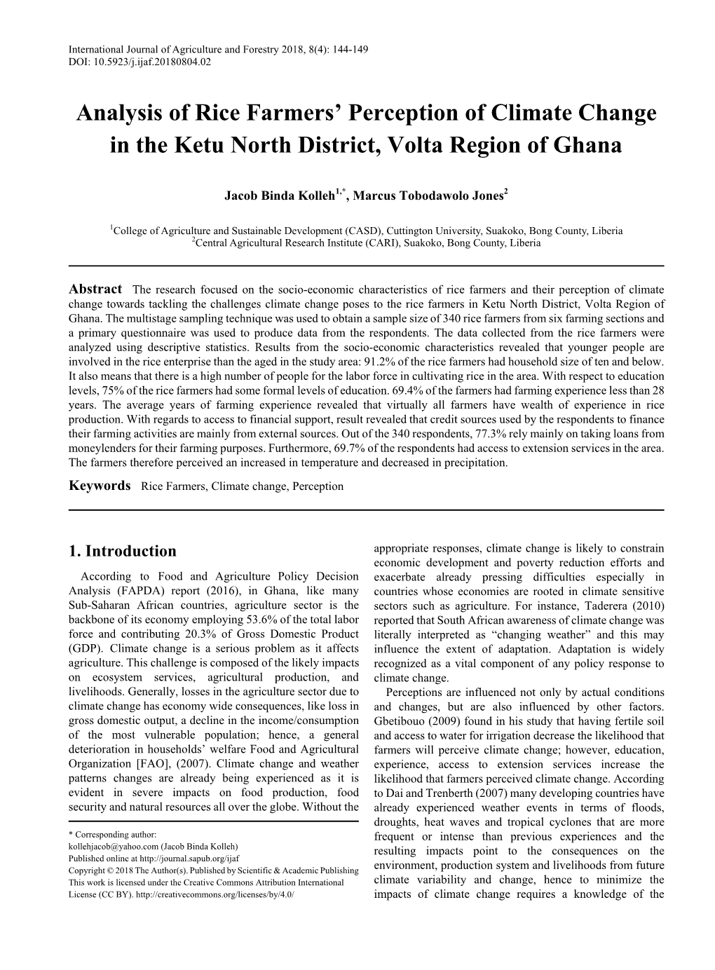 Analysis of Rice Farmers' Perception of Climate Change in the Ketu