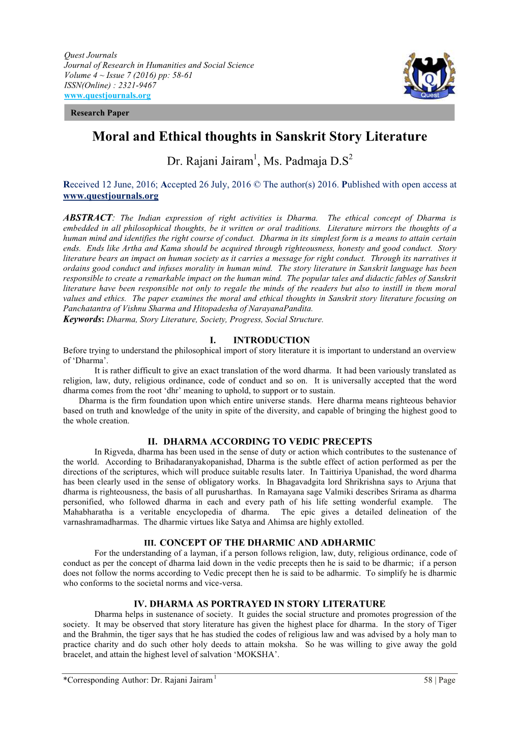 Moral and Ethical Thoughts in Sanskrit Story Literature