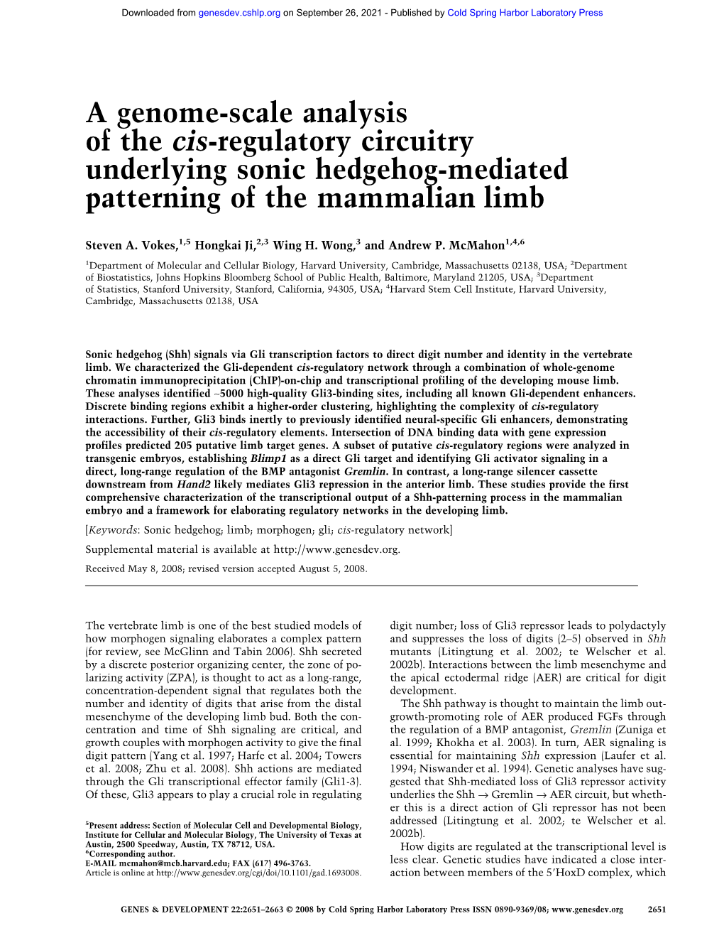 A Genome-Scale Analysis of the Cis-Regulatory Circuitry Underlying Sonic Hedgehog-Mediated Patterning of the Mammalian Limb