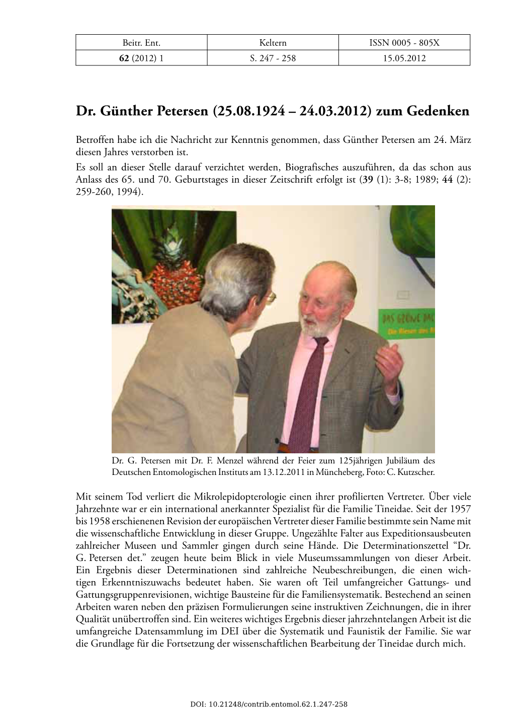Dr. Günther Petersen (25.08.1924 – 24.03.2012) Zum Gedenken