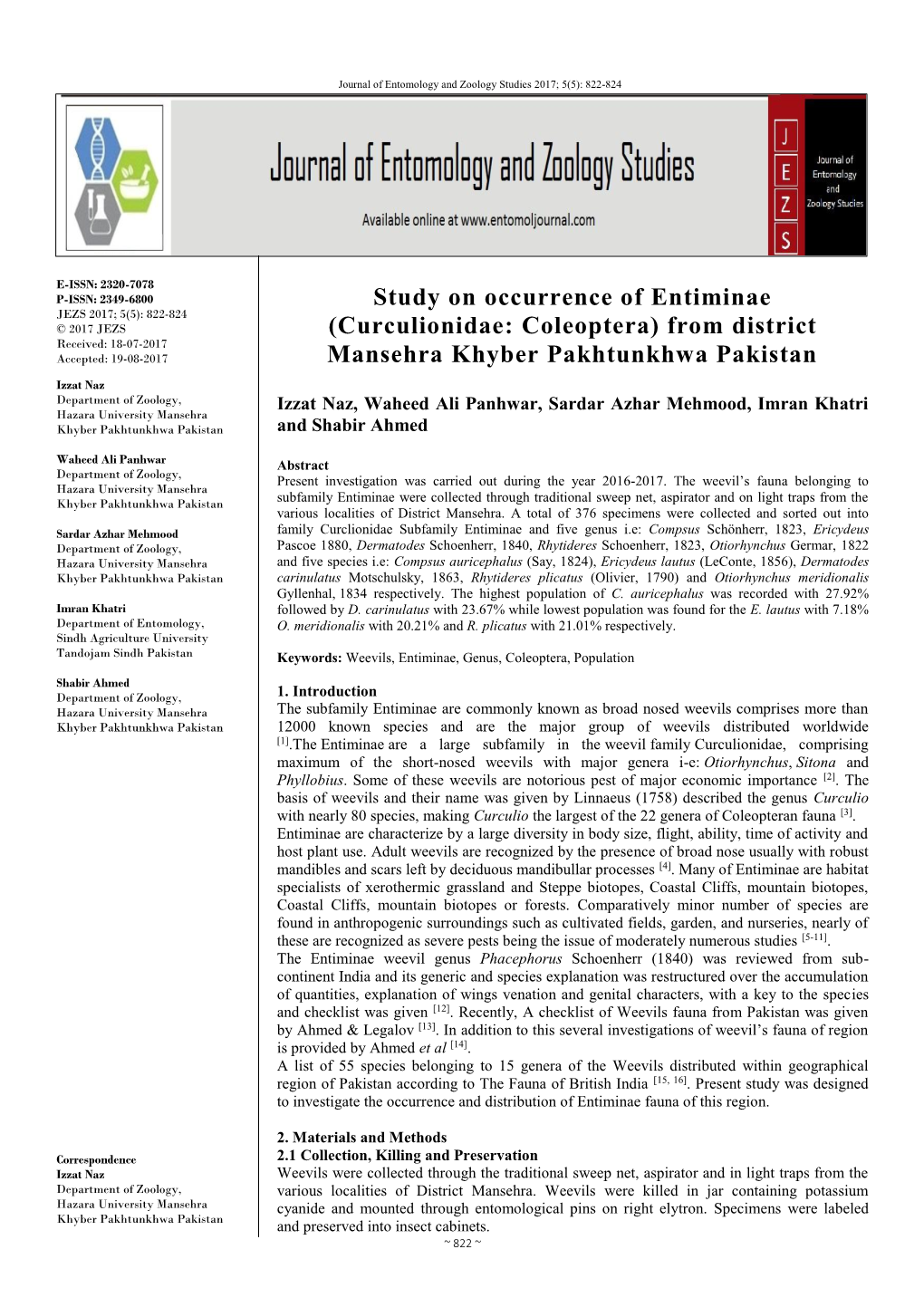 Study on Occurrence of Entiminae (Curculionidae: Coleoptera) From