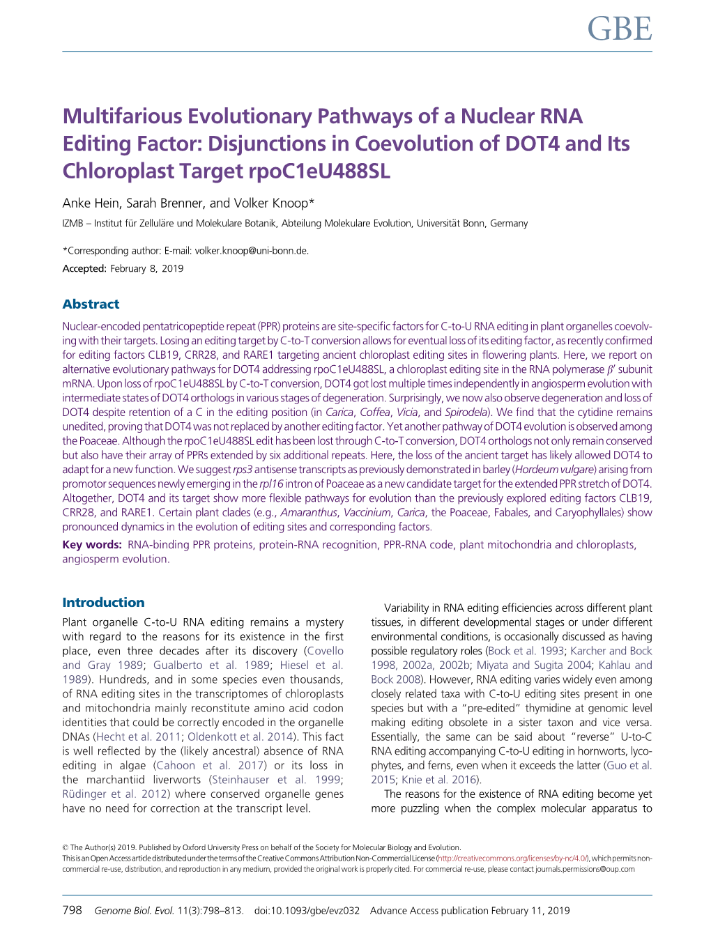 Multifarious Evolutionary Pathways of a Nuclear RNA Editing Factor: Disjunctions in Coevolution of DOT4 and Its Chloroplast Target Rpoc1eu488sl