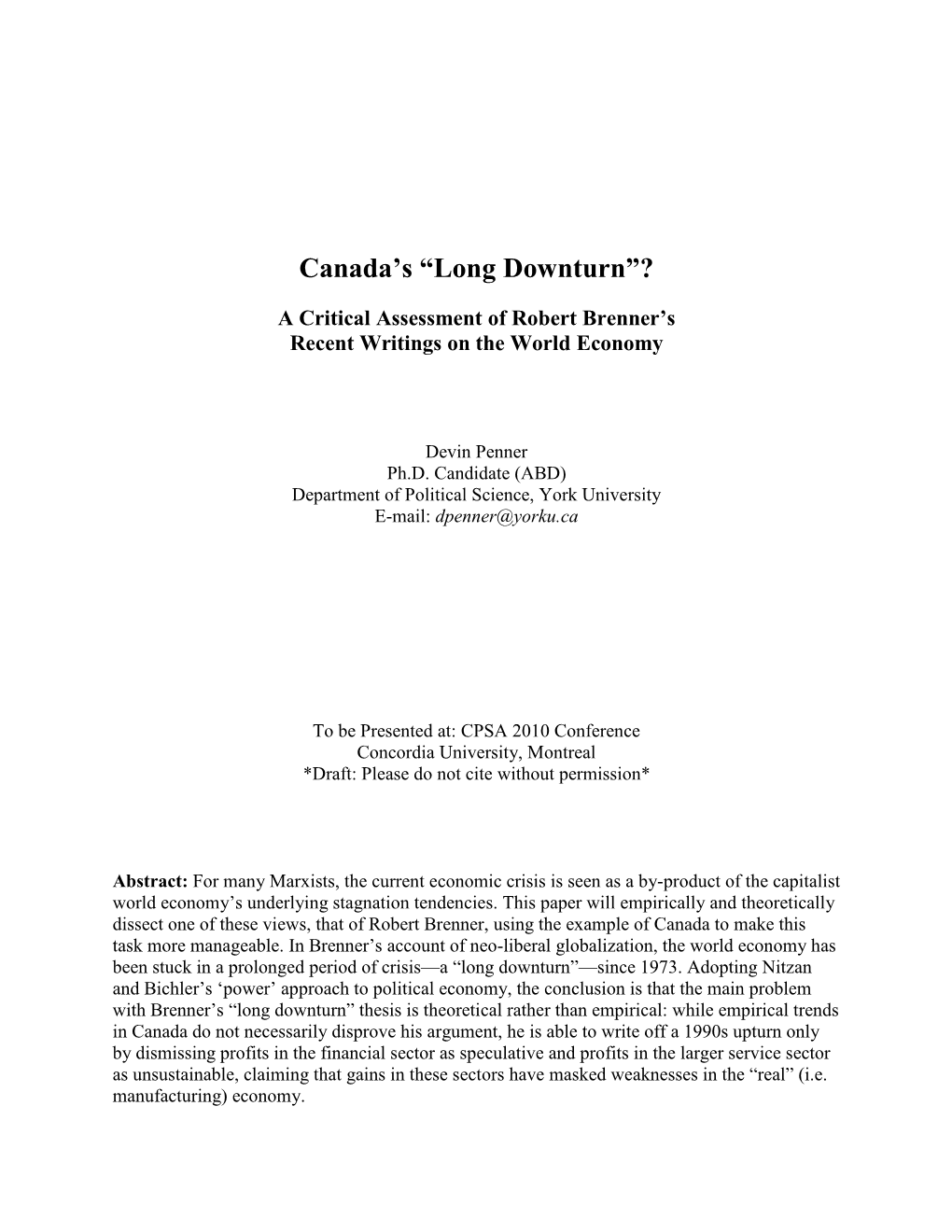 Canada's “Long Downturn”? a Critical Assessment of Robert Brenner's