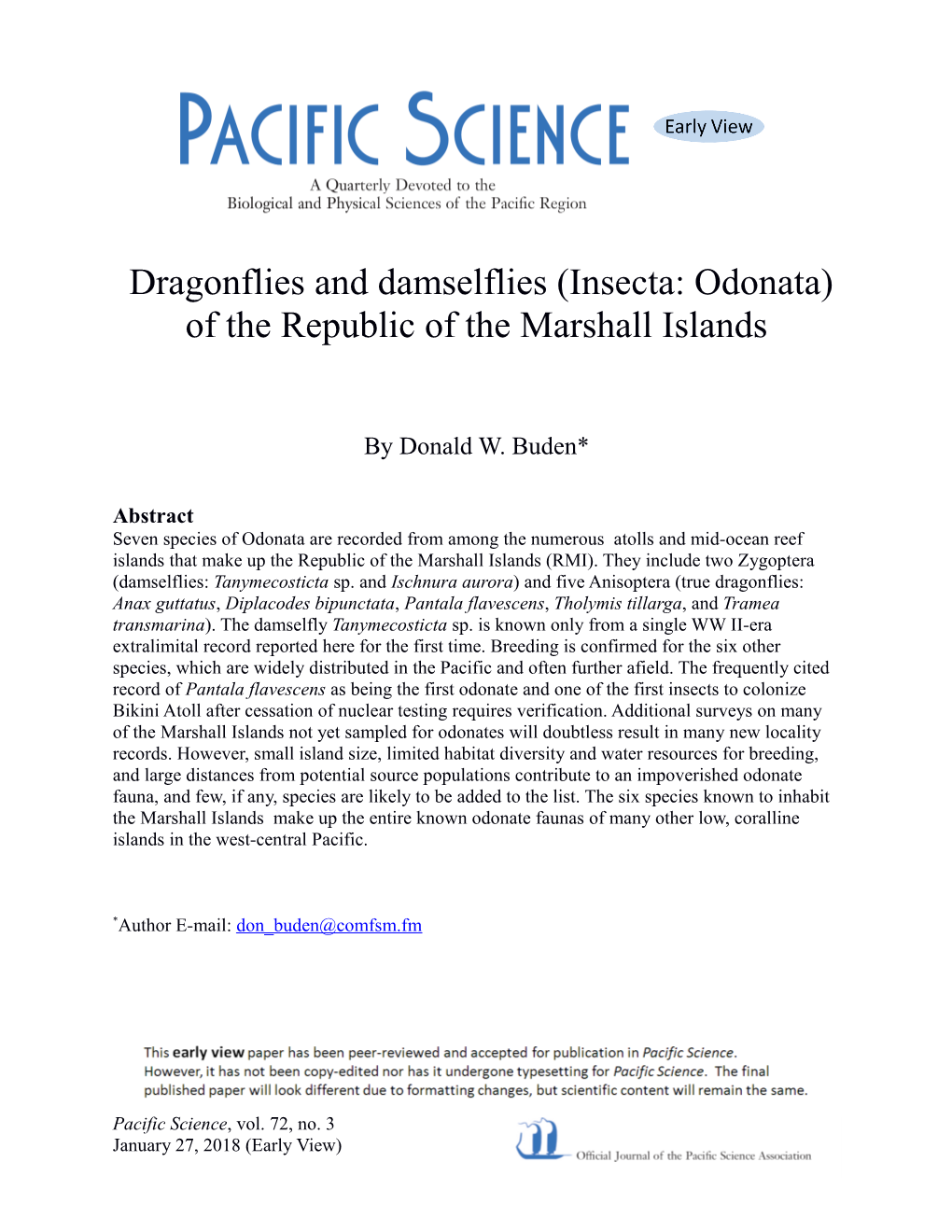 Dragonflies and Damselflies (Insecta: Odonata) of the Republic of the Marshall Islands