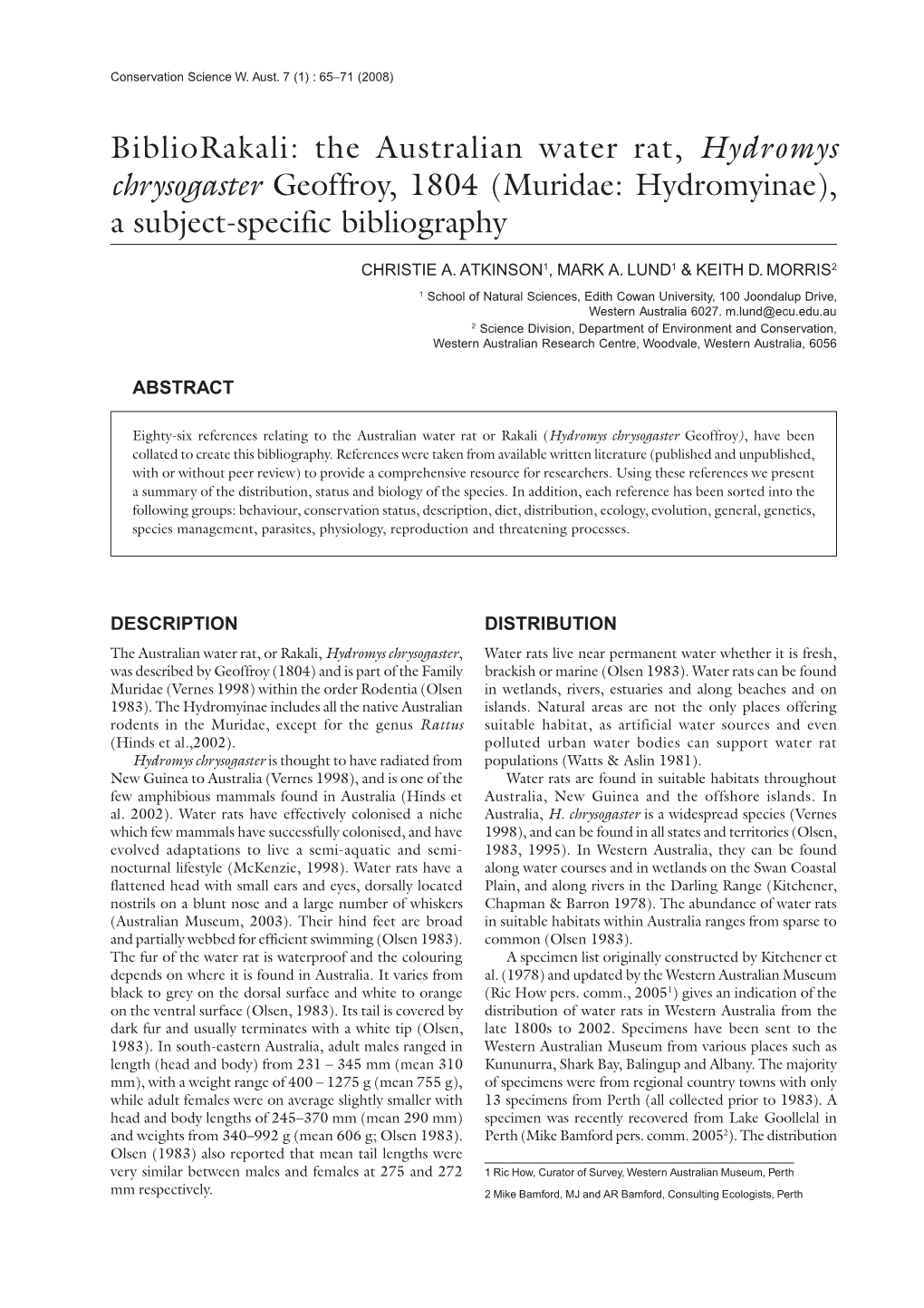 Hydromys Chrysogaster Geoffroy, 1804 (Muridae: Hydromyinae), a Subject-Specific Bibliography