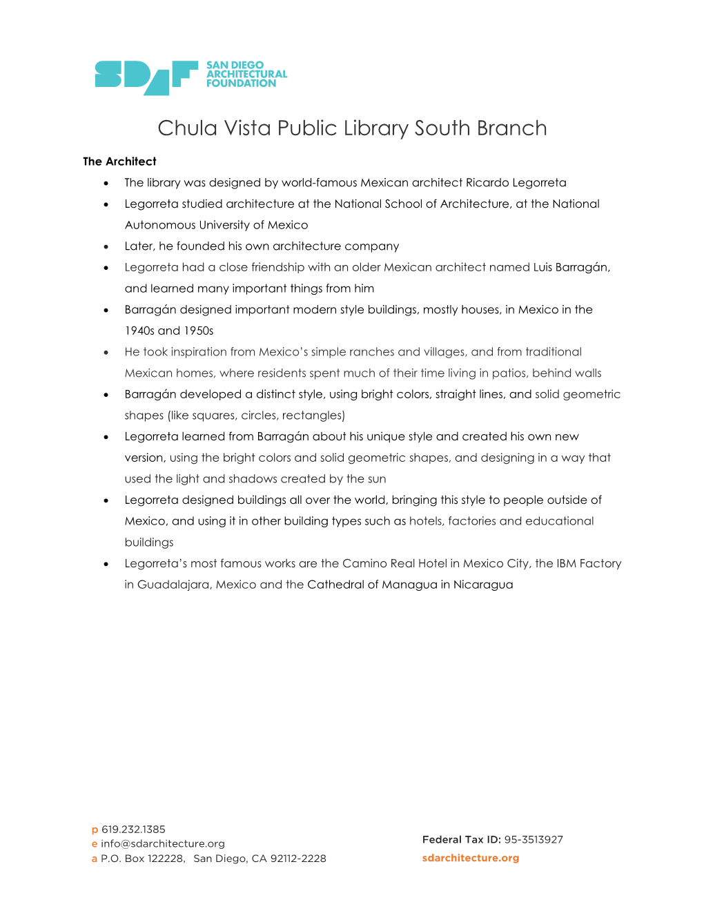 Fact Sheet for the Chula Vista Library South