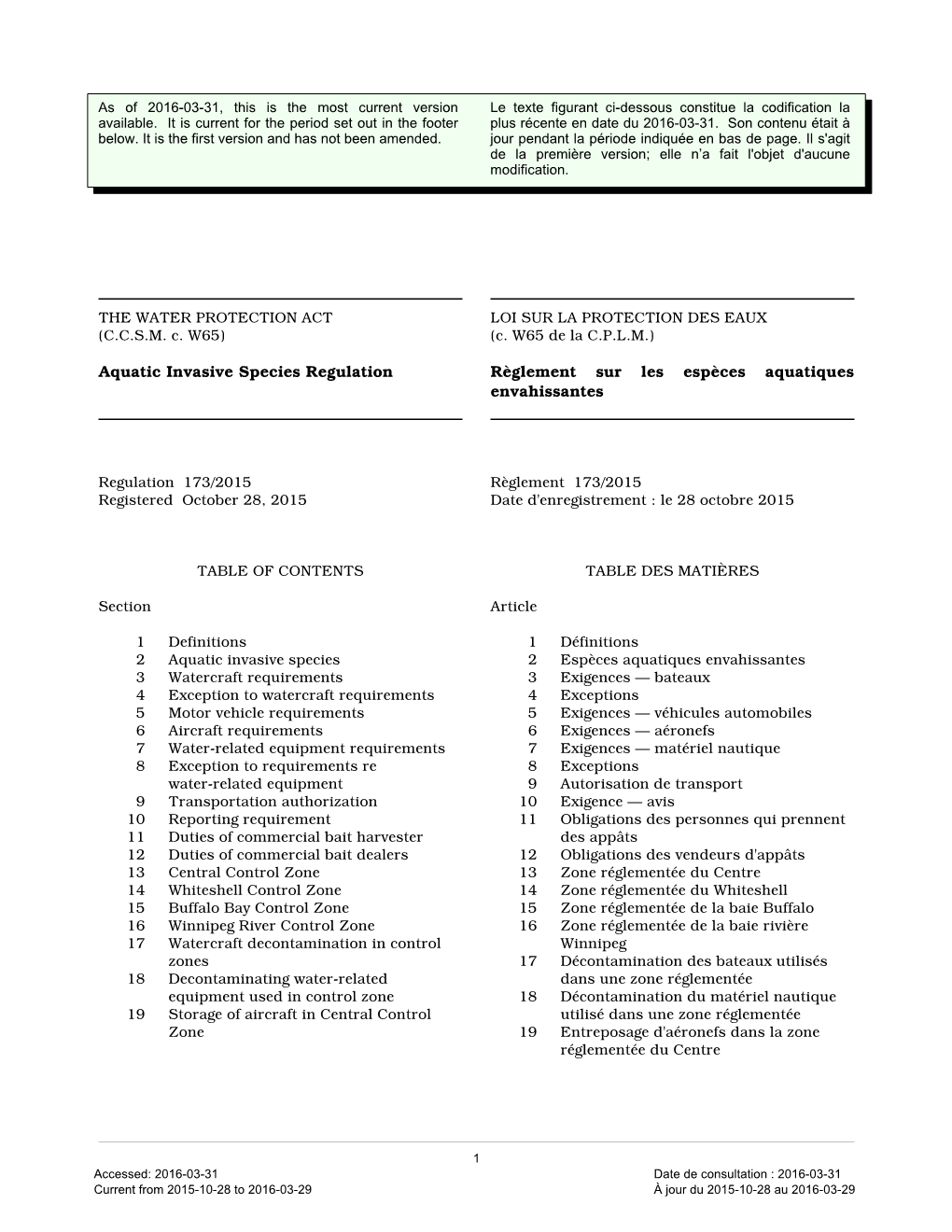 Aquatic Invasive Species Regulation, M.R. 173/2015