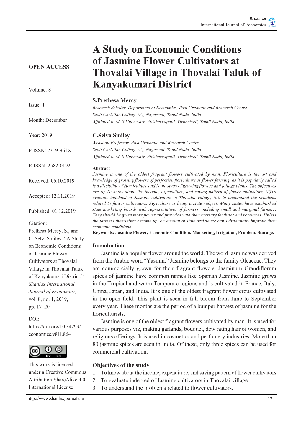 A Study on Economic Conditions of Jasmine Flower Cultivators at OPEN ACCESS Thovalai Village in Thovalai Taluk Of
