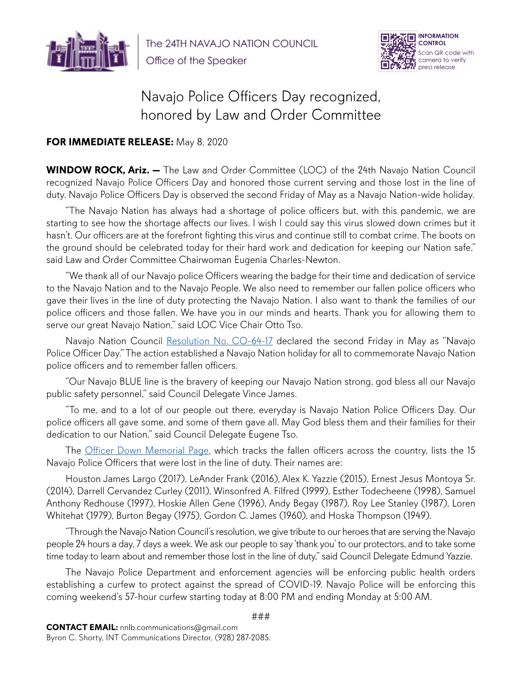 Navajo Police Officers Day Recognized, Honored by Law and Order Committee