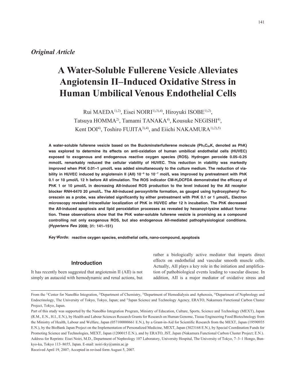 A Water-Soluble Fullerene Vesicle Alleviates Angiotensin II–Induced Oxidative Stress in Human Umbilical Venous Endothelial Cells