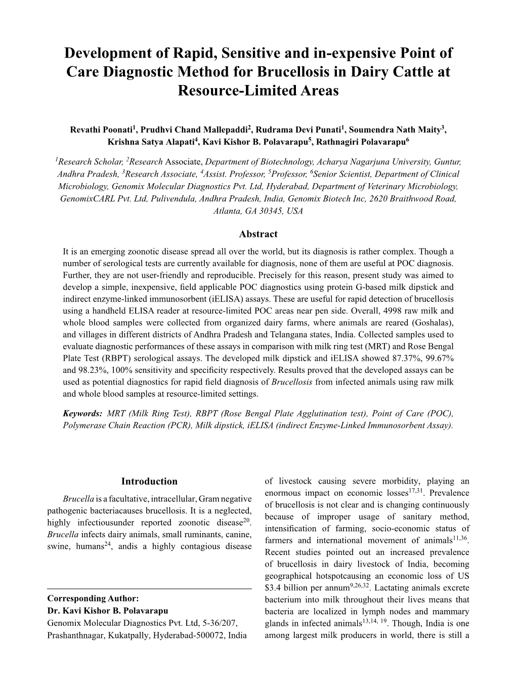 Development of Rapid, Sensitive and In-Expensive Point of Care Diagnostic Method for Brucellosis in Dairy Cattle at Resource-Limited Areas