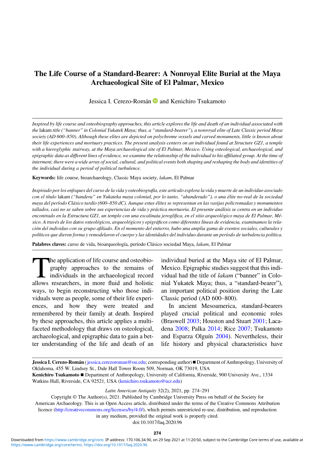 The Life Course of a Standard-Bearer: a Nonroyal Elite Burial at the Maya Archaeological Site of El Palmar, Mexico