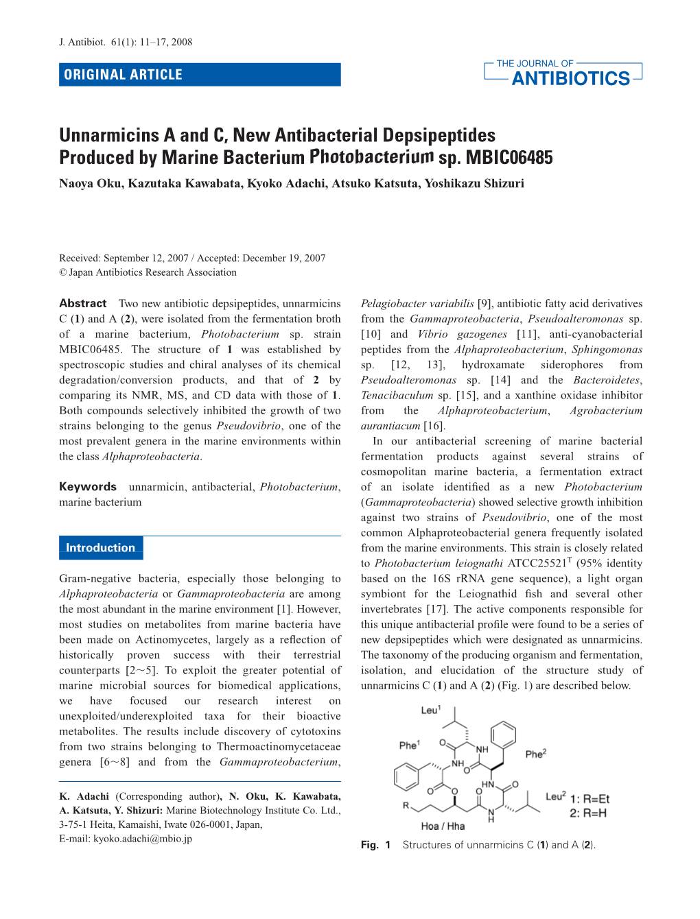 Unnarmicins a and C, New Antibacterial Depsipeptides Produced by Marine Bacterium Photobacterium Sp