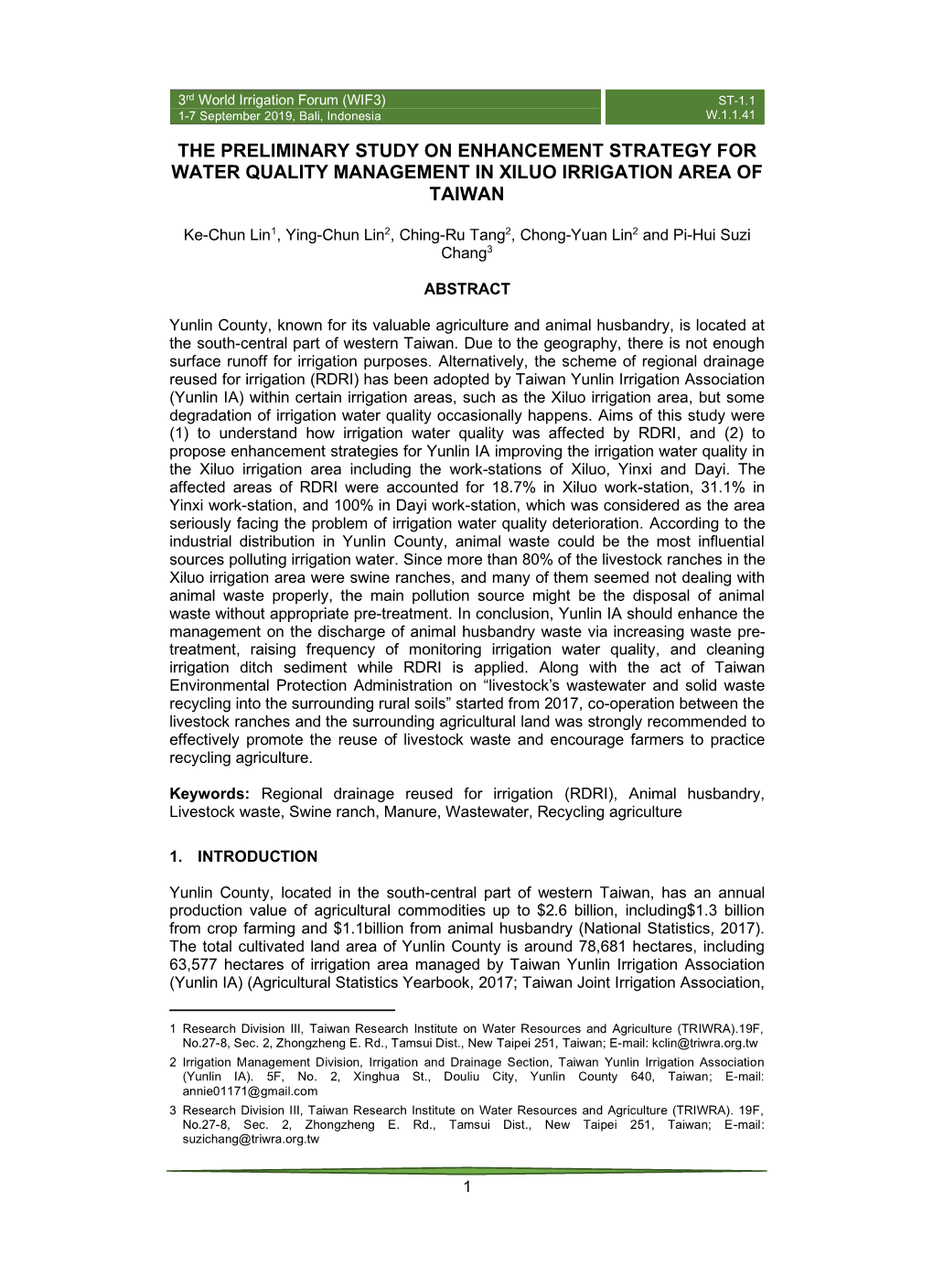 The Preliminary Study on Enhancement Strategy for Water Quality Management in Xiluo Irrigation Area of Taiwan