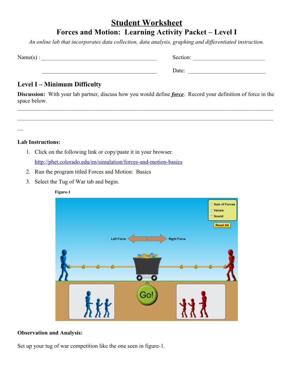 Forces and Motion: Learning Activity Packet Level I