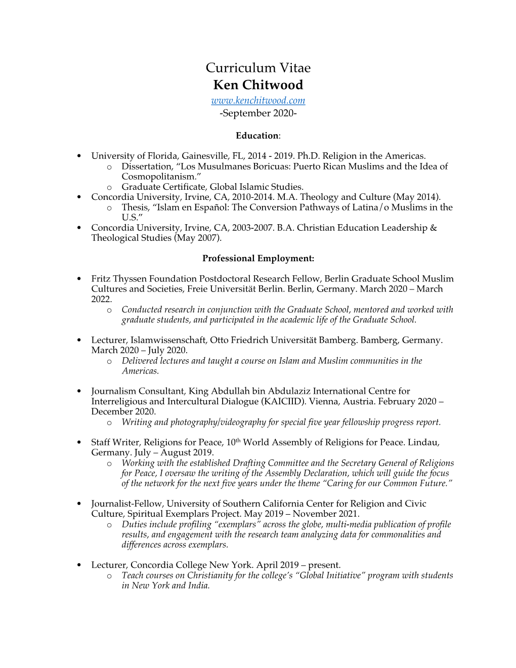 Curriculum Vitae Ken Chitwood -September 2020