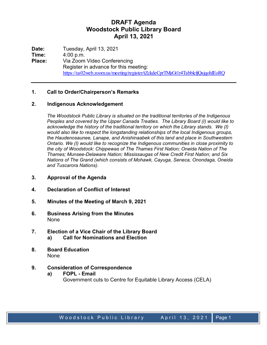 DRAFT Agenda Woodstock Public Library Board April 13, 2021