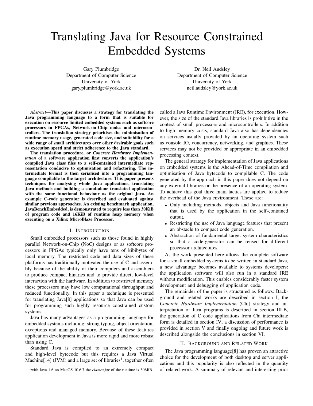 Translating Java for Resource Constrained Embedded Systems