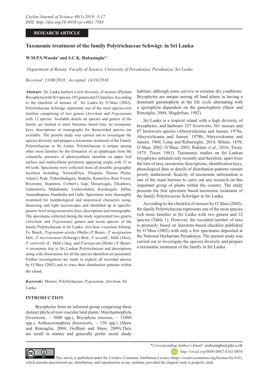 Taxonomic Treatment of the Family Polytrichaceae Schwägr. in Sri Lanka