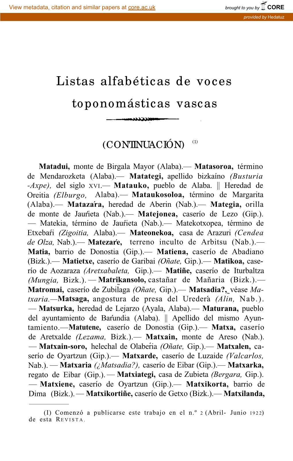 Listas Alfabéticas De Voces Toponomásticas Vascas