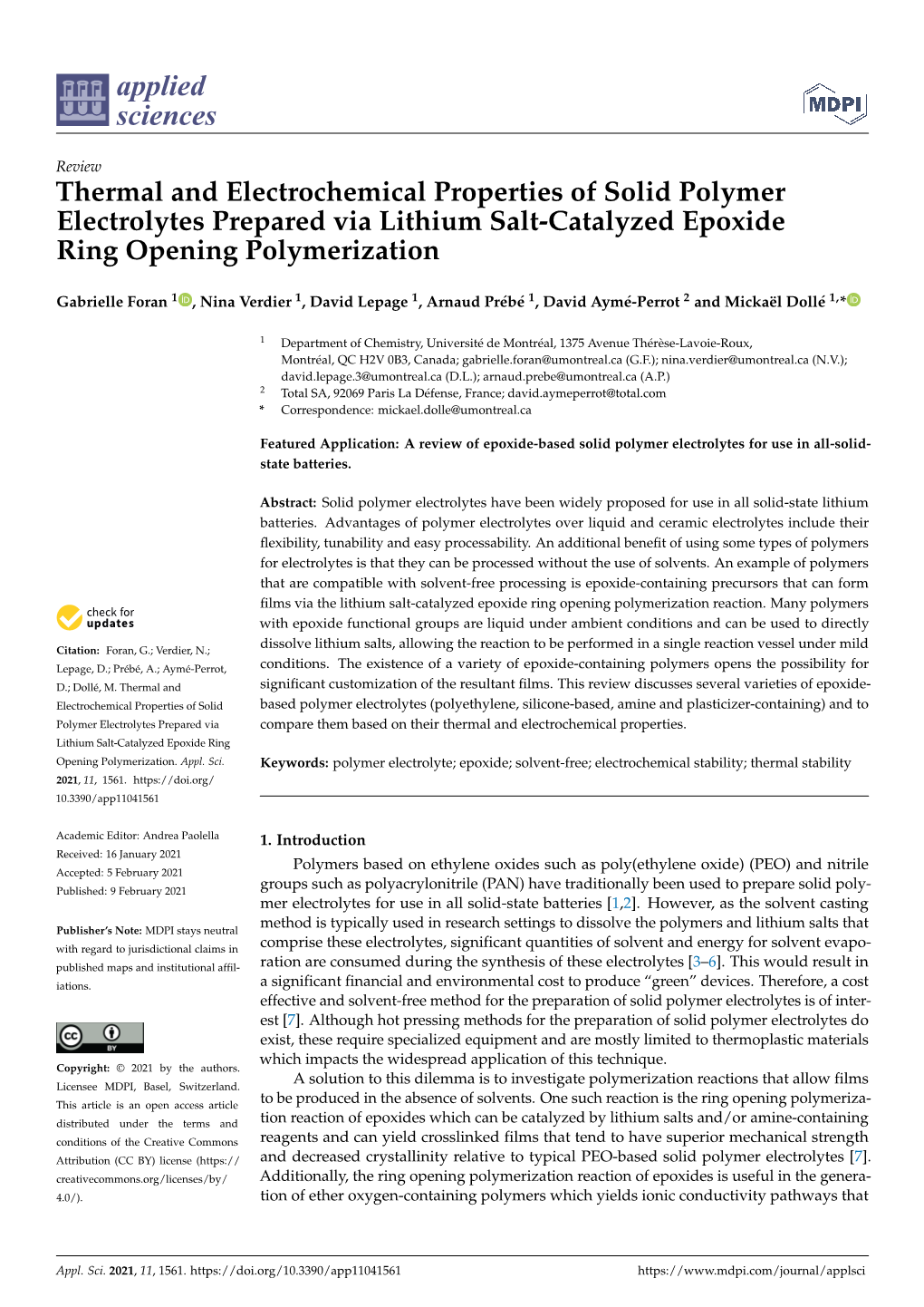 Thermal and Electrochemical Properties of Solid Polymer Electrolytes Prepared Via Lithium Salt-Catalyzed Epoxide Ring Opening Polymerization