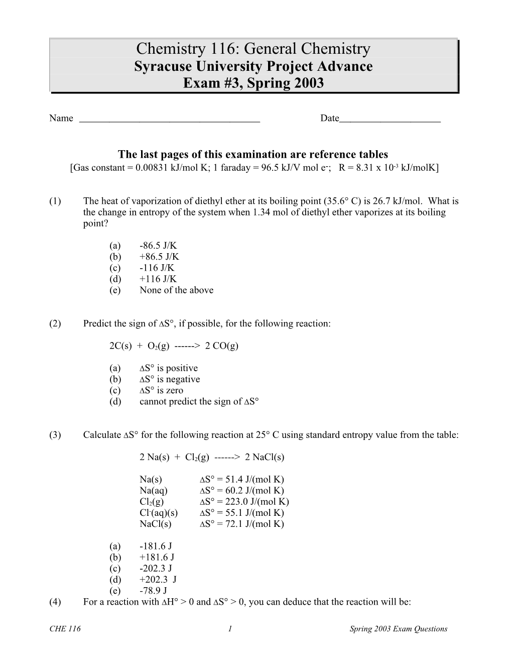 The Last Pages of This Examination Are Reference Tables