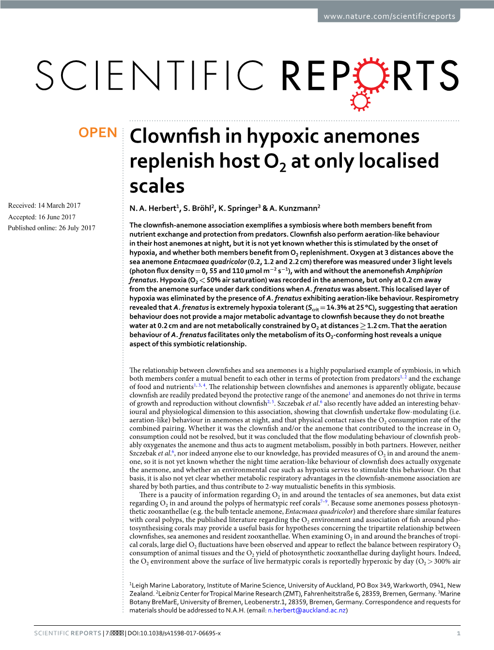 Clownfish in Hypoxic Anemones Replenish Host O2 at Only Localised