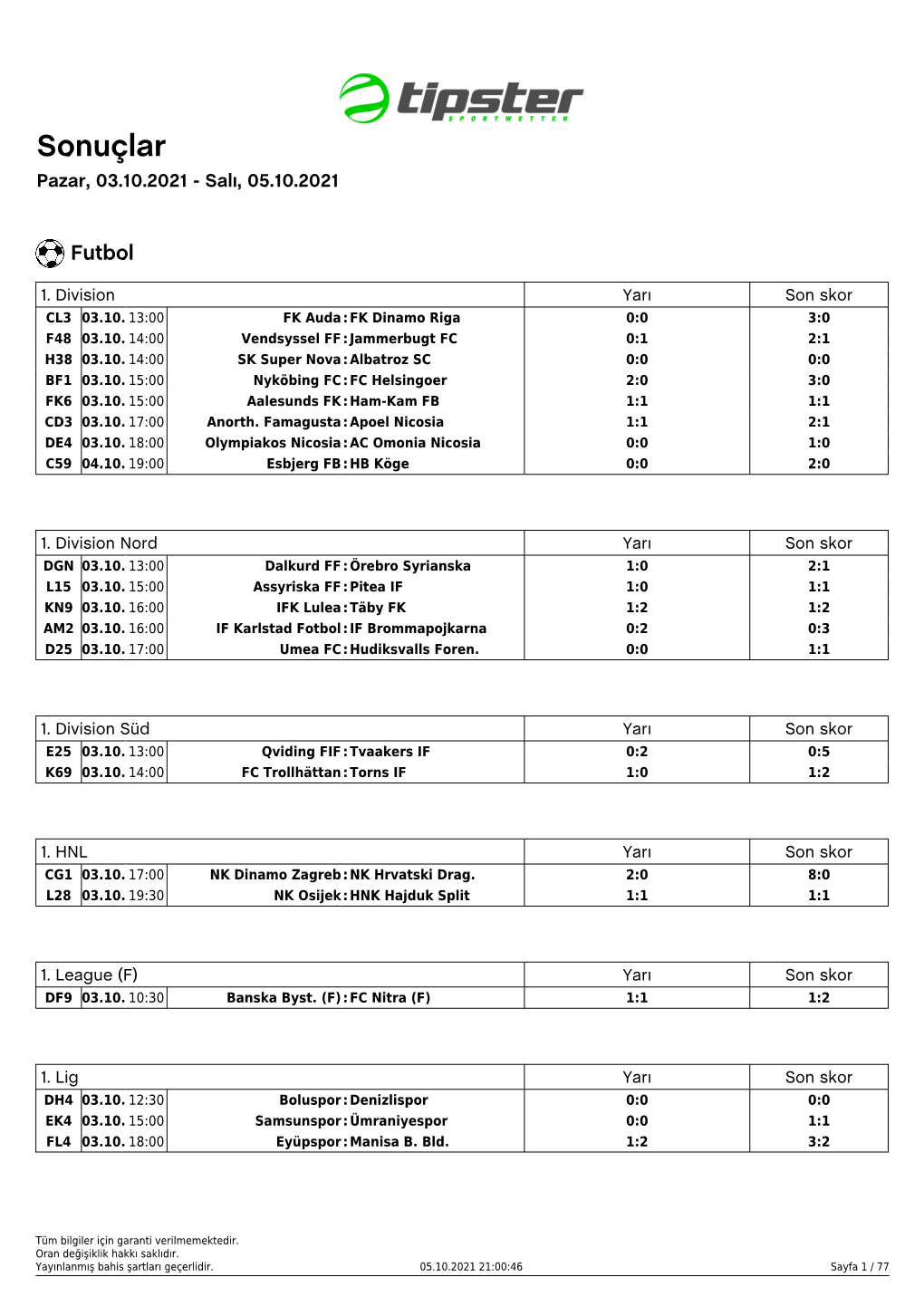 Sonuçlar Pazar, 03.10.2021 - Salı, 05.10.2021