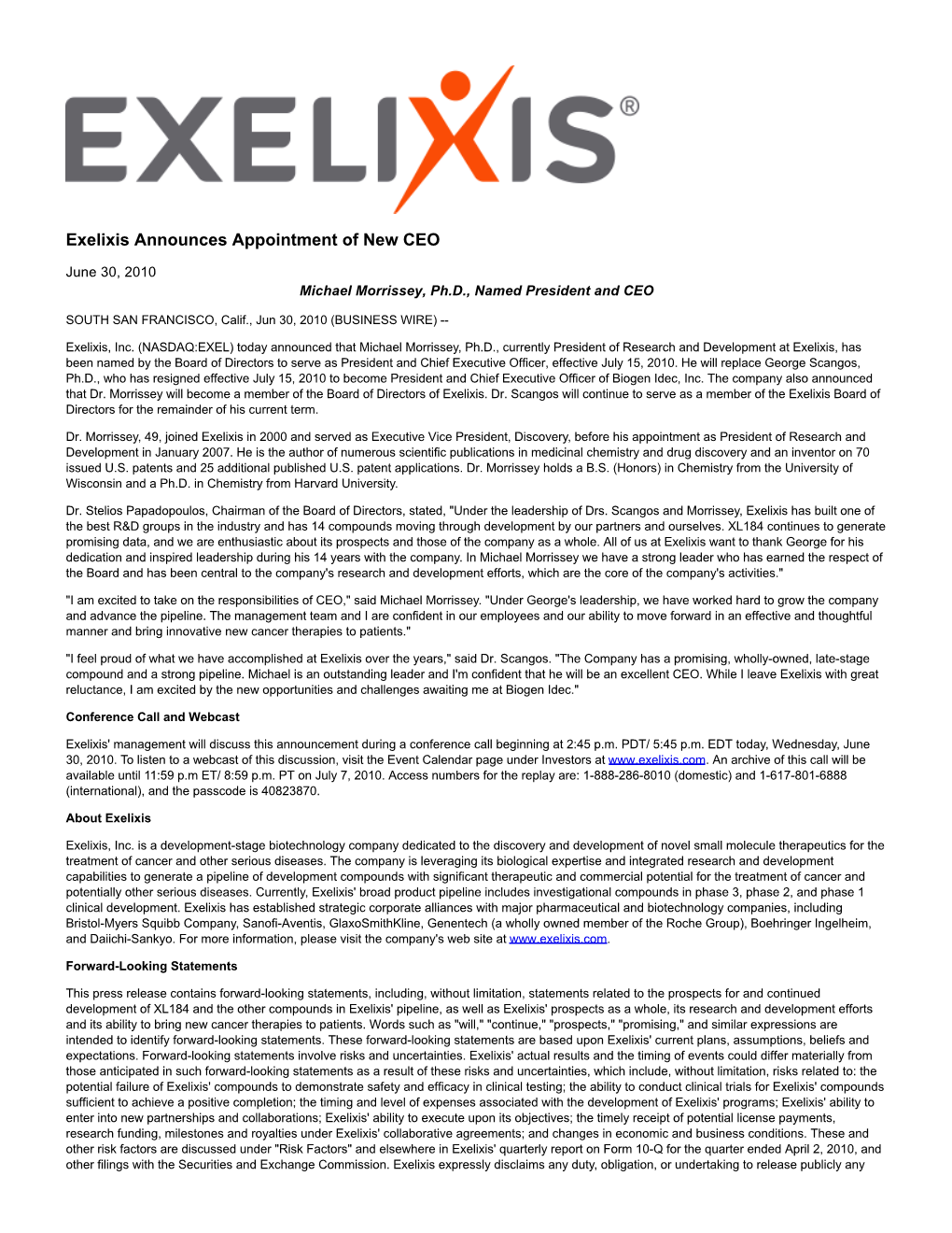 Exelixis Announces Appointment of New CEO