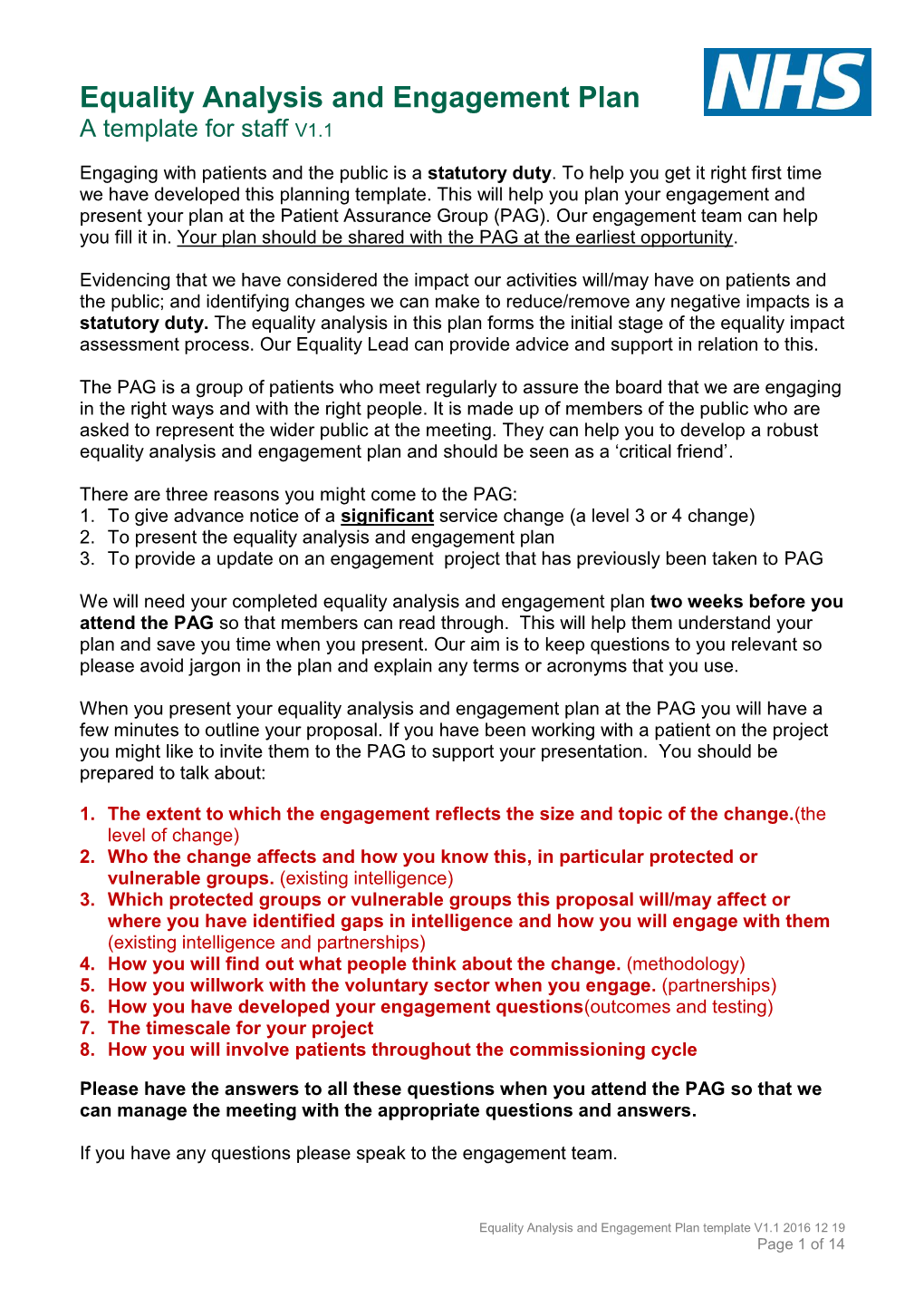 Equality Analysis and Engagement Plan a Template for Staff V1.1