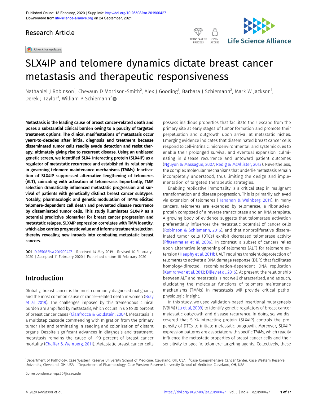 SLX4IP and Telomere Dynamics Dictate Breast Cancer Metastasis and Therapeutic Responsiveness