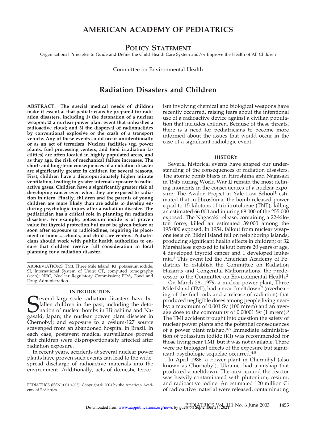 AMERICAN ACADEMY of PEDIATRICS Radiation Disasters and Children