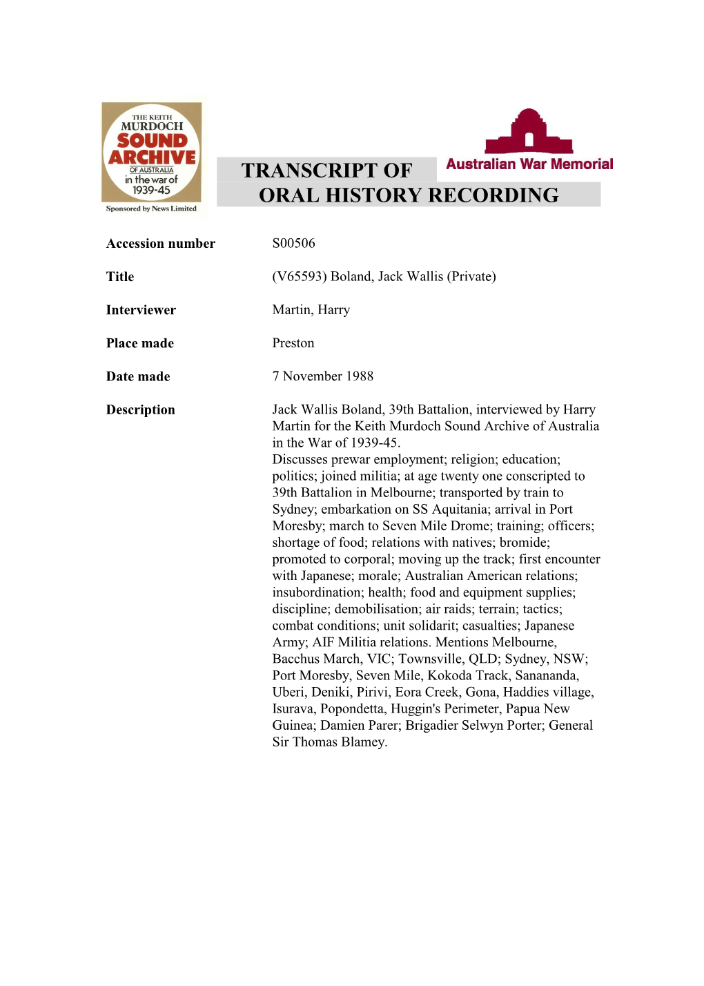 Transcript of Oral History Recording