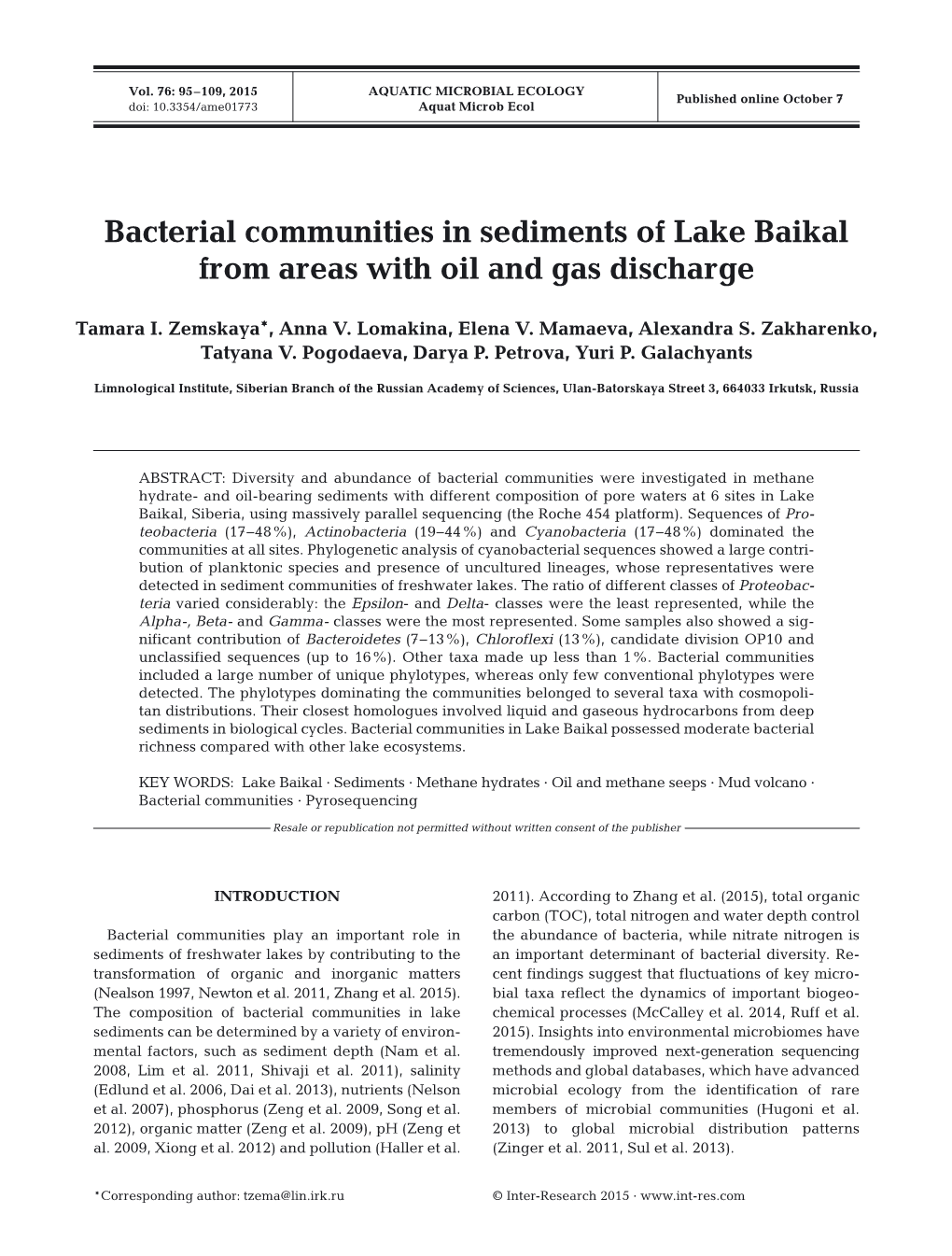 Bacterial Communities in Sediments of Lake Baikal from Areas with Oil and Gas Discharge