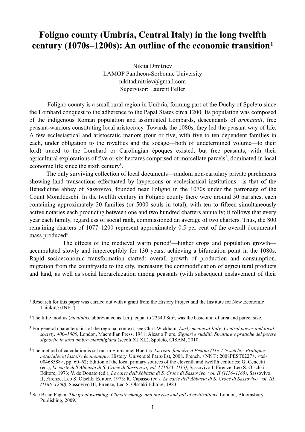 Foligno County (Umbria, Central Italy) in the Long Twelfth Century (1070S–1200S): an Outline of the Economic Transition1