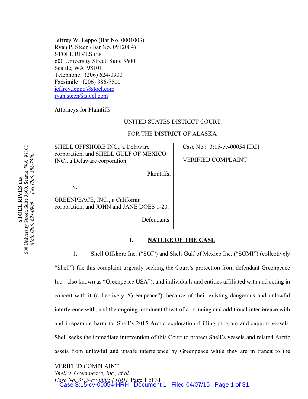 VERIFIED COMPLAINT Shell V. Greenpeace, Inc., Et Al. Case No. 3