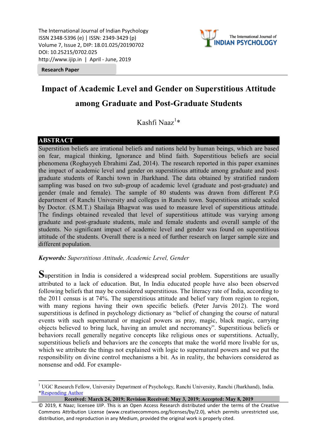 Impact of Academic Level and Gender on Superstitious Attitude Among Graduate and Post-Graduate Students