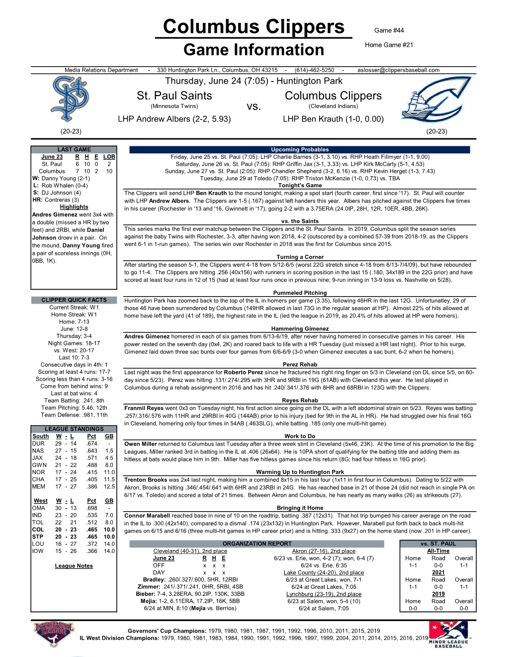 Columbus Clippers Game #44 Game Information Home Game #21