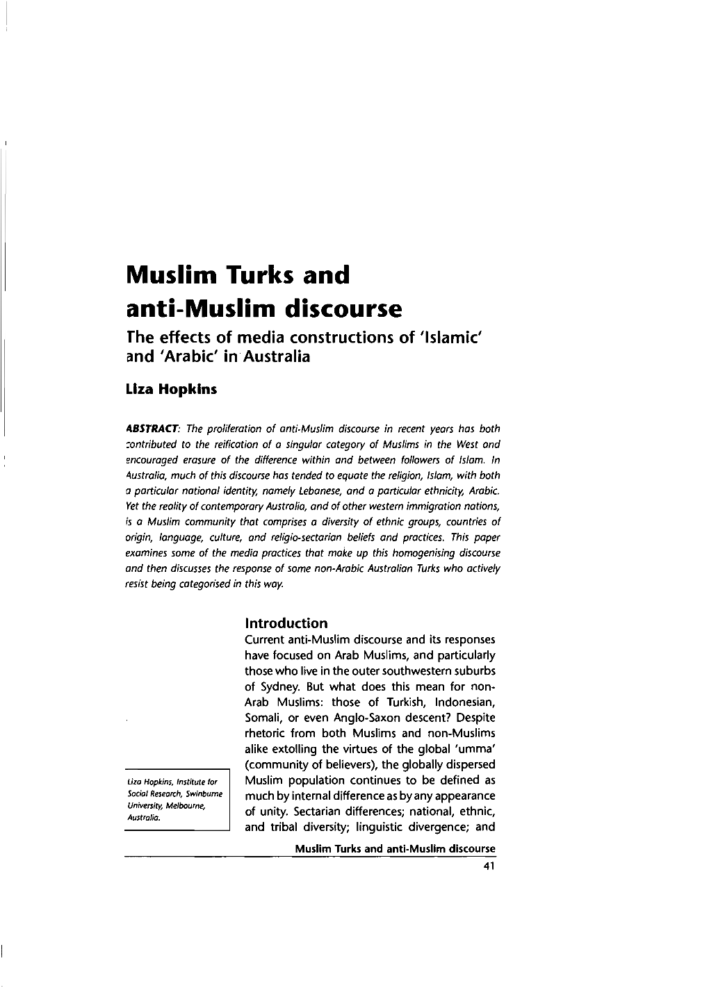 Muslim Turks and Anti-Muslim Discourse the Effects of Media Constructions of 'Islamic' and 'Arabic' In' Australia