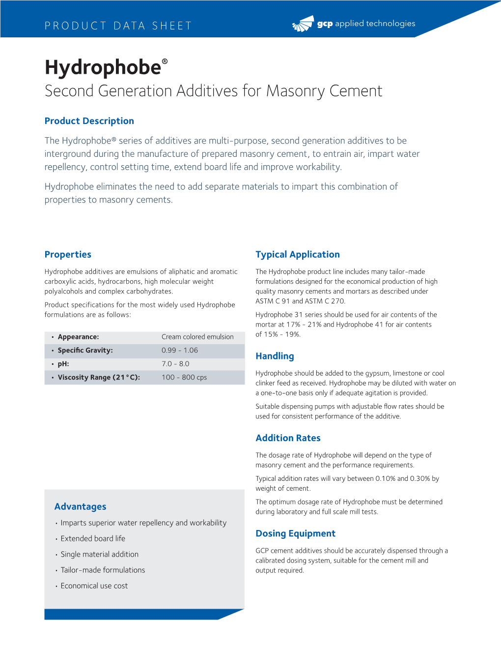 Hydrophobe® Second Generation Additives for Masonry Cement