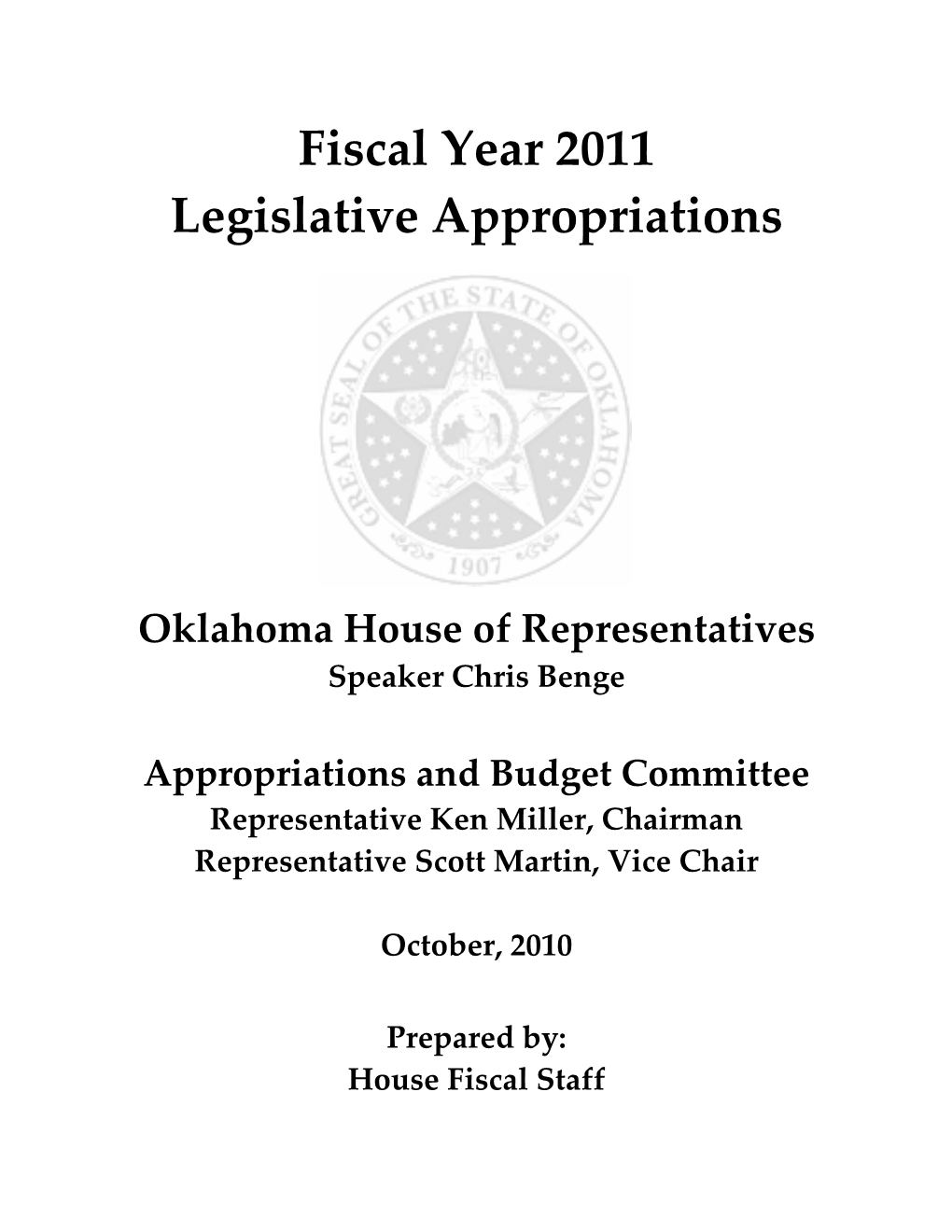 Fiscal Year 2011 Legislative Appropriations
