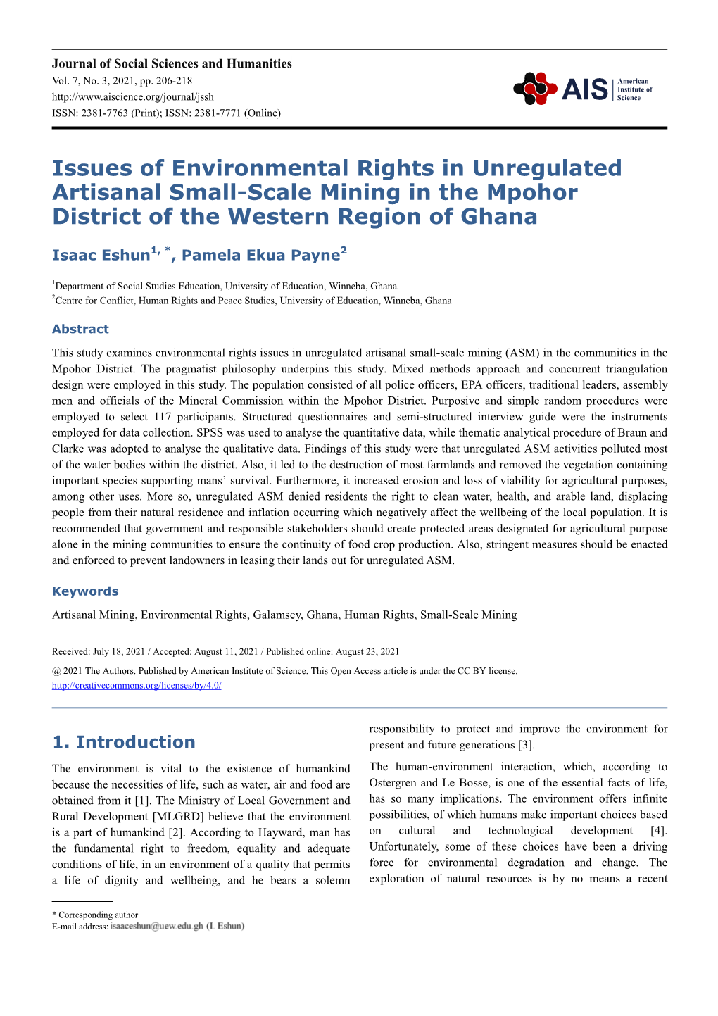 Issues of Environmental Rights in Unregulated Artisanal Small-Scale Mining in the Mpohor District of the Western Region of Ghana