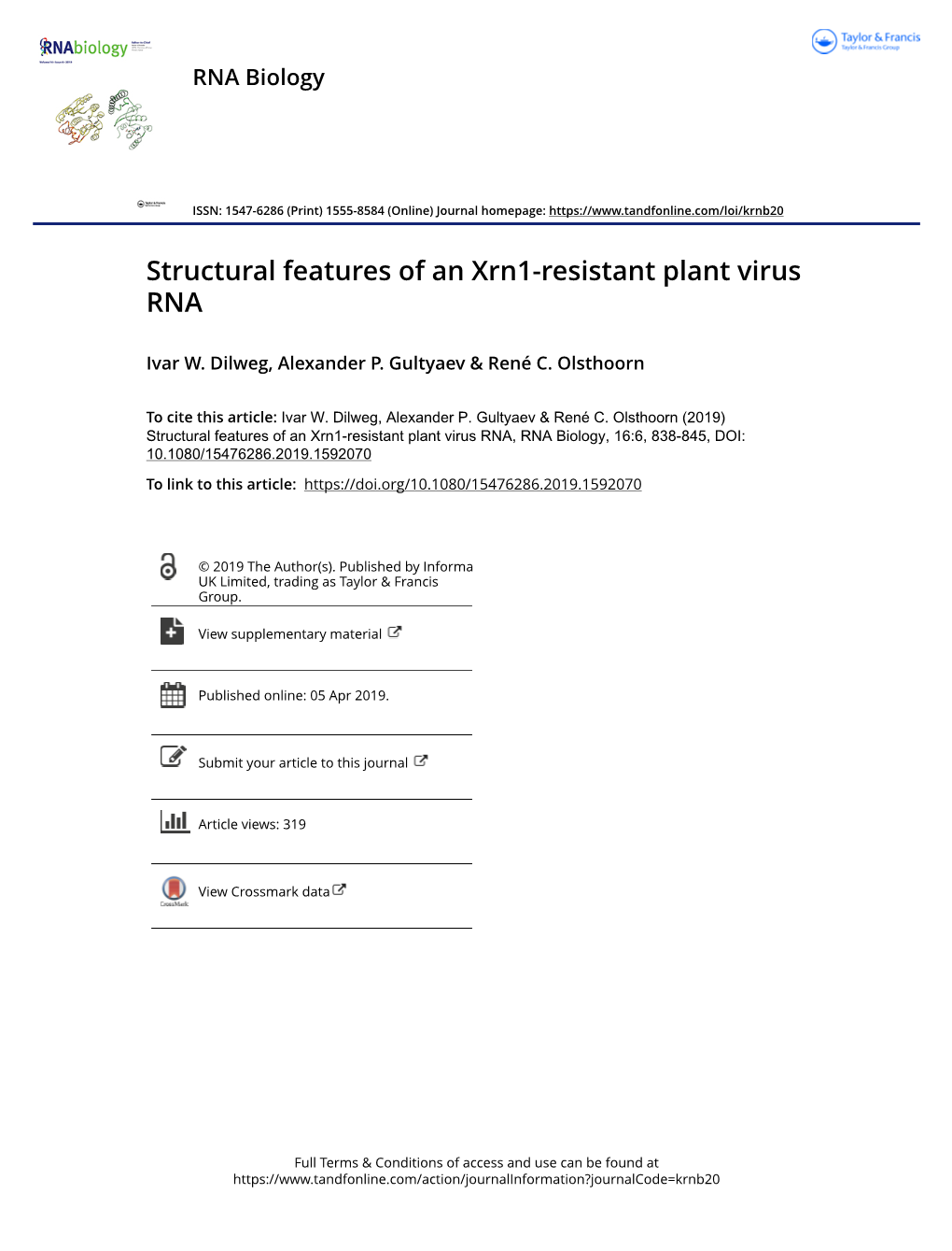 Structural Features of an Xrn1-Resistant Plant Virus RNA